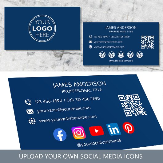 Professioneel Logo Social Media QR Code Marineblau Visitekaartje