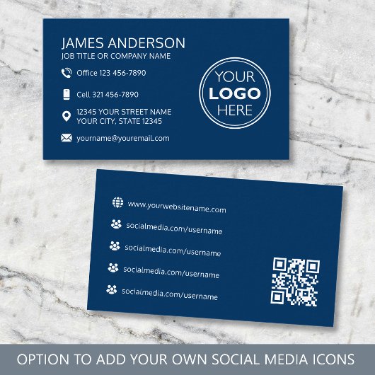Professioneel Logo Social Media QR Code Marineblau Visitekaartje