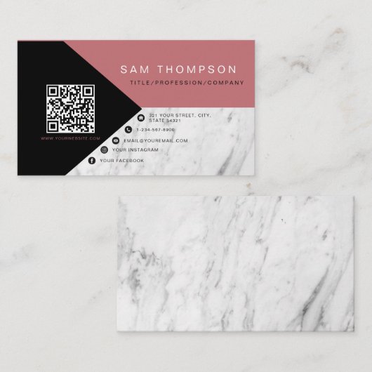 Professioneel Marmer Roze Zwart QR Code Modern Visitekaartje (Voorkant / Achterkant)