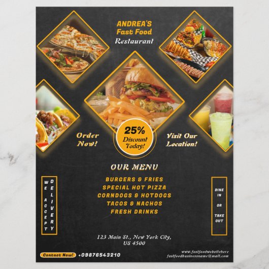 Professioneel Menu Fastfood Promo Korting Zwart (Voorkant)