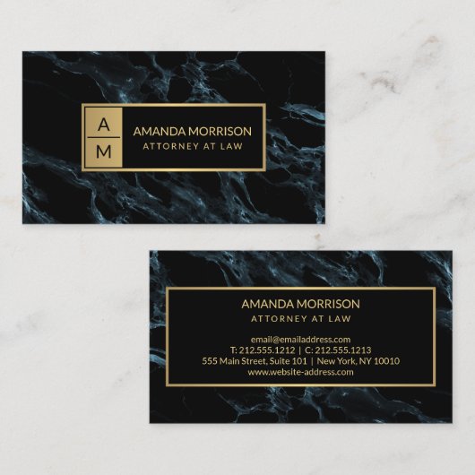 Professioneel Minimaal Monogram Blauw Marmer Visitekaartje (Voorkant / Achterkant)