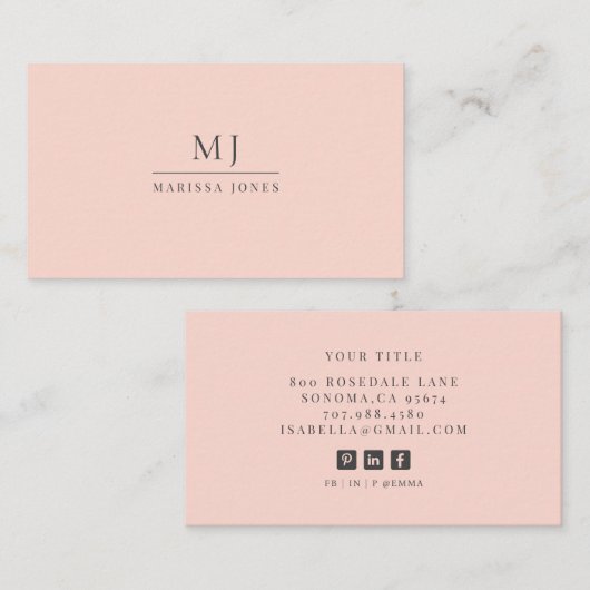 Professioneel Minimalistisch Monogram Blush Roze Visitekaartje (Voorkant / Achterkant)