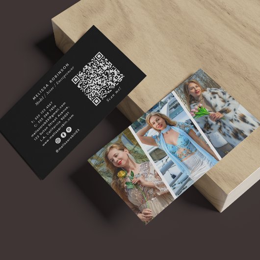 Professioneel Model 3 Foto Collage QR Code Zwart Visitekaartje