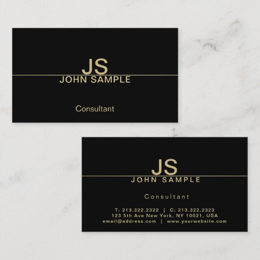 Professioneel Modern Elegant Zwart Goud Monogram Visitekaartje (Voorkant / Achterkant)