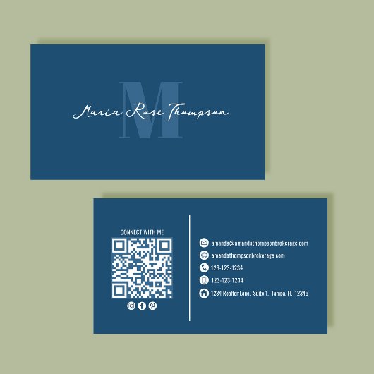 Professioneel Modern Monogram Blauwe QR-code  Visitekaartje