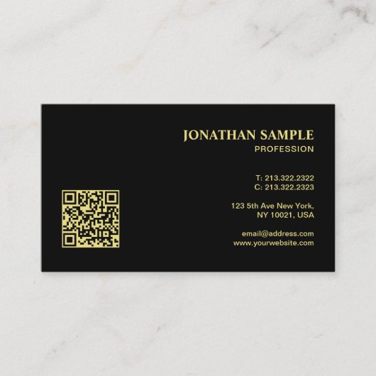 Professioneel Modern QR Code Minimaal Zwart en Gou Visitekaartje (Voorkant)