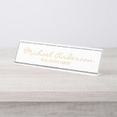 Professioneel, modern script, wit en goud bureau naambordje (Voorkant)