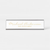 Professioneel, modern script, wit en goud bureau naambordje (Voorkant)