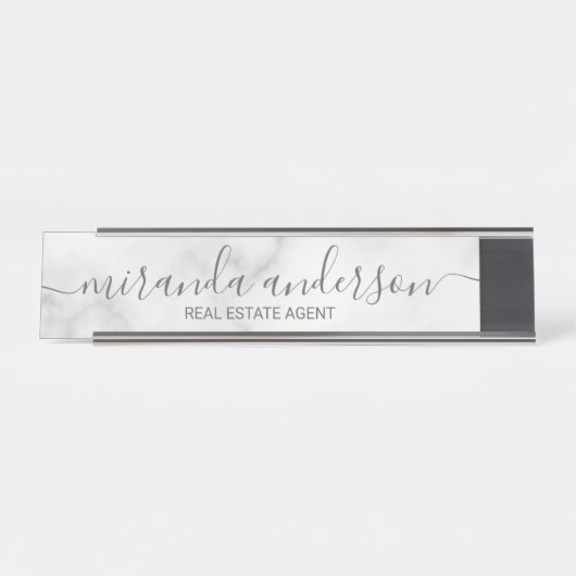 Professioneel modern script — witte marmer bureau naambordje (Voorkant)