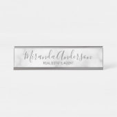 Professioneel modern script — witte marmer bureau naambordje (Voorkant)