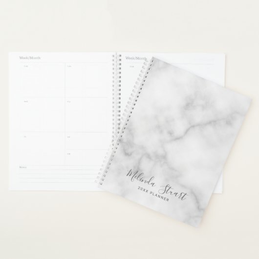 Professioneel modern script — witte marmer planner (Display)
