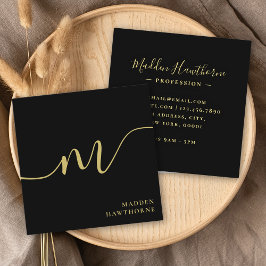 Professioneel Modern Script Zwart Goud Monogram Vierkante Visitekaartje