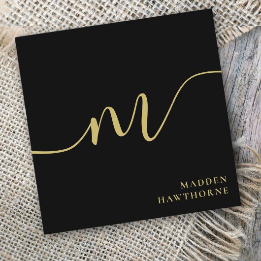 Professioneel Modern Script Zwart Goud Monogram Vierkante Visitekaartje
