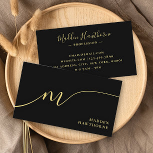 Professioneel Modern Script Zwart Goud Monogram Visitekaartje
