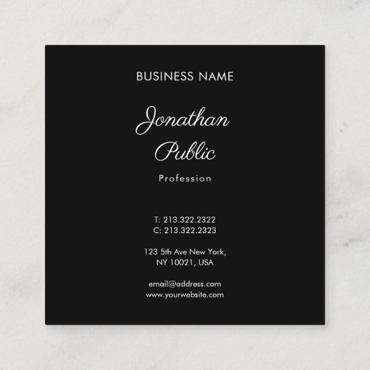 Professioneel, modern script zwart, zwart, zwart vierkante visitekaartje (Achterkant)
