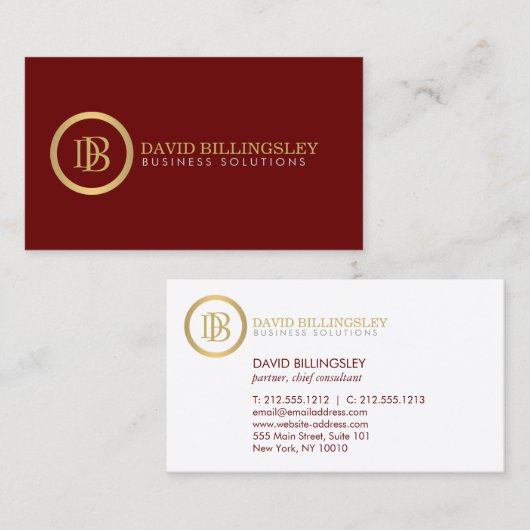 Professioneel Monogram Logo in Faux Gold Donkerroo Visitekaartje (Voorkant / Achterkant)