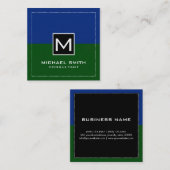 Professioneel Monogram Modern Groen Donkerblauw Vierkante Visitekaartje (Voorkant / Achterkant)