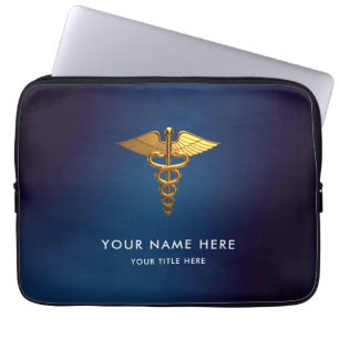 Professioneel Navy Blauw Gouden Caduceus Medisch Laptop Sleeve