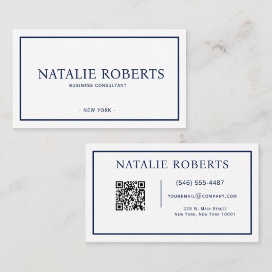 Professioneel Navy Blauwe QR Code Zakelijke Pas Visitekaartje (Voorkant / Achterkant)