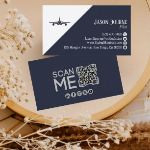Professioneel QR-code Aviation Navy Blue Minimalis Visitekaartje