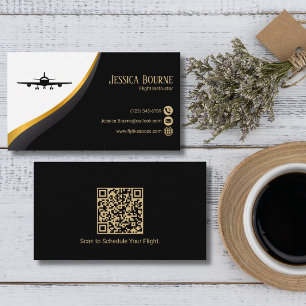 Professioneel QR Code Elegant Zwart Goud Luchtvaar Visitekaartje