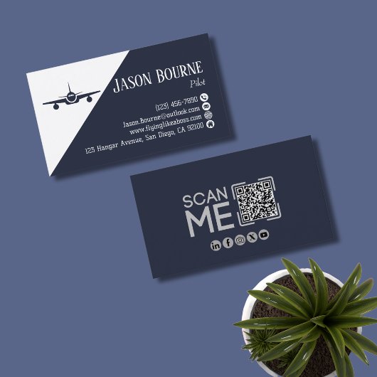 Professioneel QR-code, Vliegtuig,Blauw,minimalisti Visitekaartje