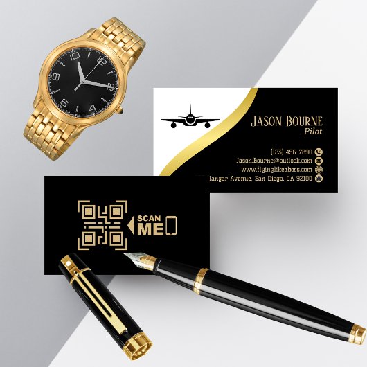 Professioneel QR-code zwart goud piloot minimalist Visitekaartje