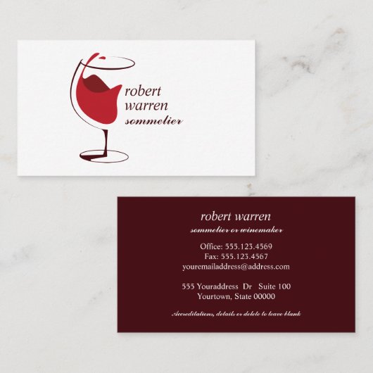 Professioneel rood wijnglas Sommelier winemaker Visitekaartje (Voorkant / Achterkant)