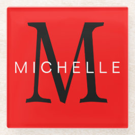 Professioneel rood zwart monogram Jouw naam Glazen Onderzetter