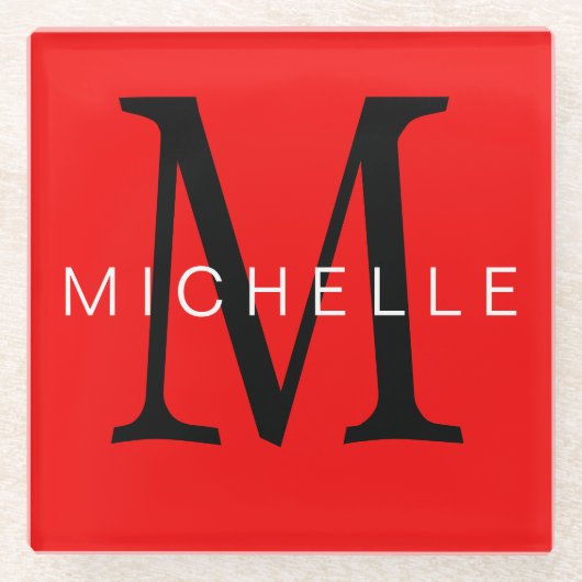 Professioneel rood zwart monogram Jouw naam Glazen Onderzetter (Voorkant)