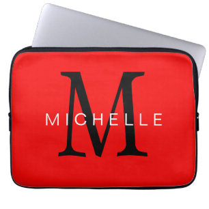 Professioneel rood zwart monogram Jouw naam Laptop Sleeve