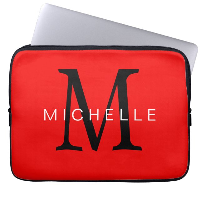 Professioneel rood zwart monogram Jouw naam Laptop Sleeve (Voorkant)