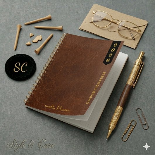 Professioneel Schrift op Bruin Leer Patroon Planner