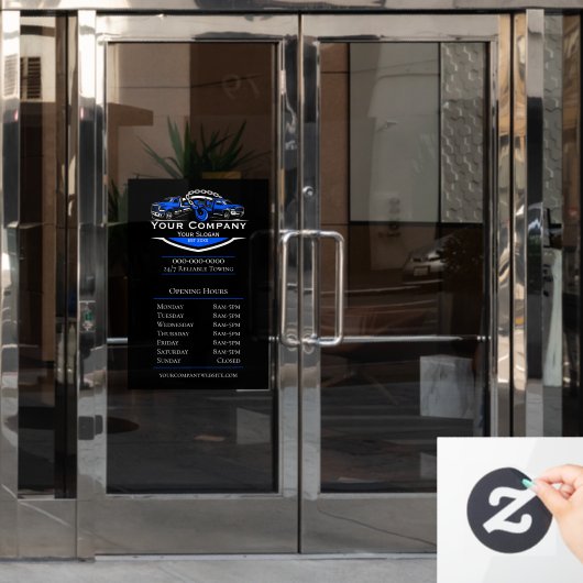 Professioneel sleepbedrijf, openingsuren raamsticker (Kantoordeur)