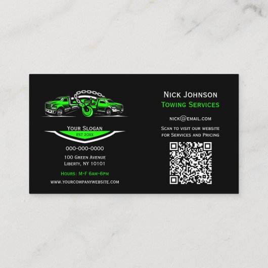 Professioneel sleepbedrijf, sleepdienst visitekaartje (Achterkant)