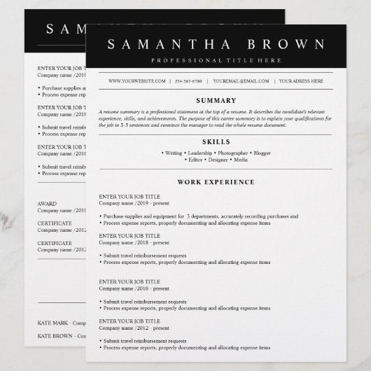 Professioneel sollicitatieresumé (Voorkant / Achterkant)