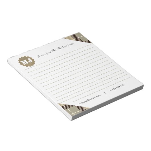 Professioneel, stijlvol monogram script met tartan notitieblok (Schuin)