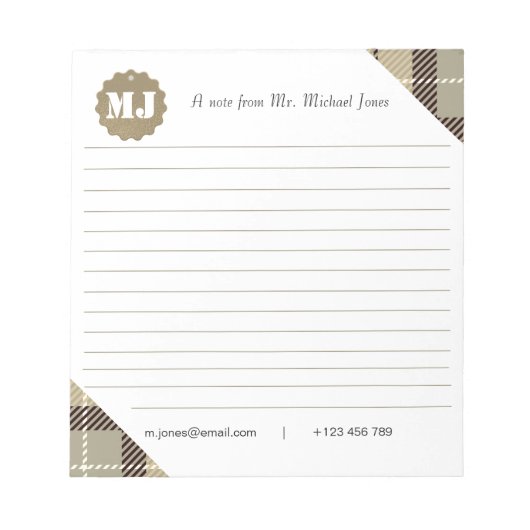 Professioneel, stijlvol monogram script met tartan notitieblok (Voorkant)