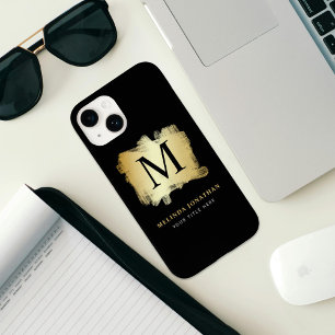 Professioneel Stijlvol Zwart Goud Borstel Monogram Case-Mate iPhone 14 Hoesje