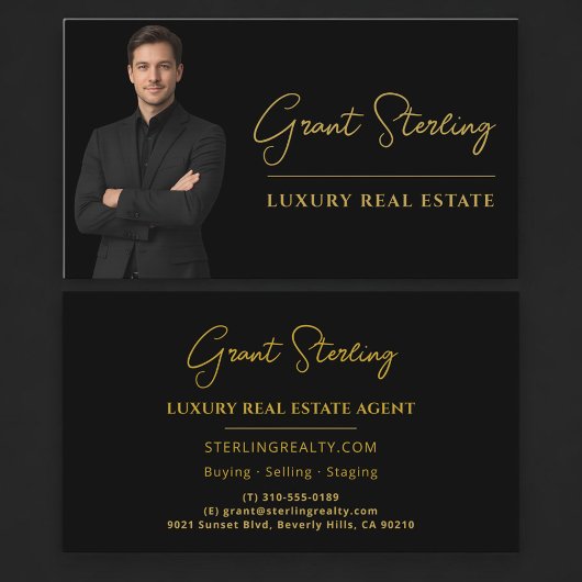 Professioneel vastgoed zwart goud script luxe visitekaartje