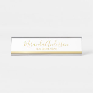 Professioneel wit en goud met moderne scriptnaam bureau naambordje