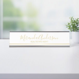 Professioneel wit en goud met scriptnaam bureau naambordje