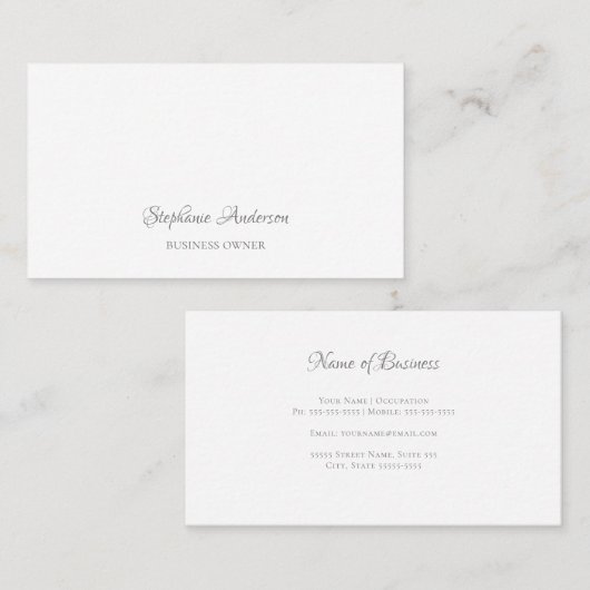 Professioneel, wit, minimalistisch grijs script visitekaartje (Voorkant / Achterkant)