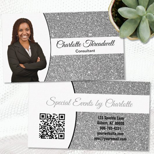 Professioneel Zilver Glitter Aangepaste Foto QR Co Visitekaartje