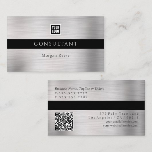 Professioneel zilver, minimaal, Logo, QR-code Visitekaartje (Voorkant / Achterkant)