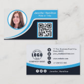 Professioneel zwart Blauw voeg uw Logo QR-code toe Visitekaartje (Voorkant / Achterkant)