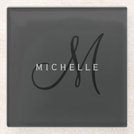 Professioneel Zwart Monogram Grijs Jouw naam Glazen Onderzetter