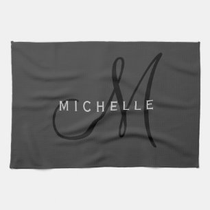 Professioneel Zwart Monogram Grijs Jouw naam Theedoek