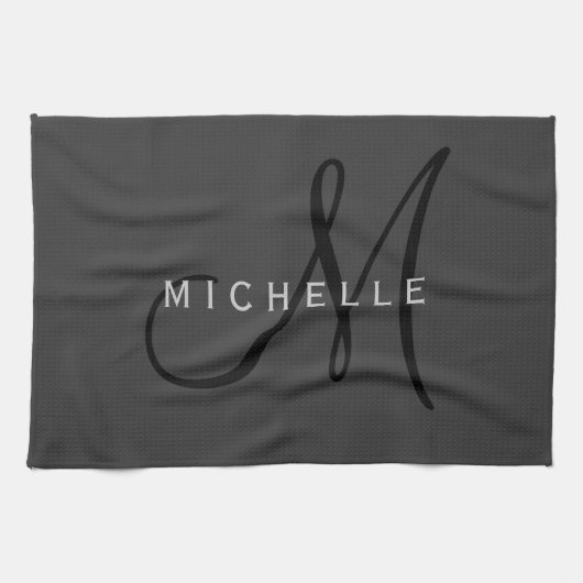 Professioneel Zwart Monogram Grijs Jouw naam Theedoek (Horizontaal)