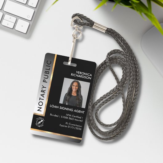 Professioneel zwart-wit gradiënt foto-notaris badge
